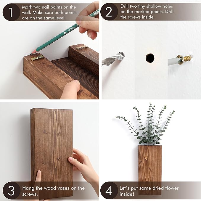 Wood Wall Planter Set of 2, Wood Wall Pocket for Greenery and Dried Flowers, Indoor Wood Hanging Vase Modern Farmhouse Wall Decor for Living Room Bedroom Office Eucalyptus Stems Decorations (Expresso)