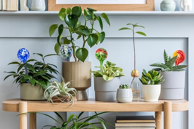 Lexi Home Aqua Globes for Indoor Plants & Outdoor Plants, Watering Can for Plant, Self Watering Planters, Water Globe, Hand Blown Glass, 4 Pack Large, Blue/Blue