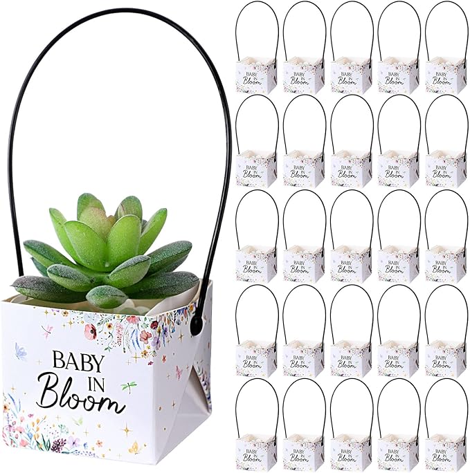 Soaoo 60 Pcs Succulent Baby Shower Favors Bulk Grow Succulents Wrap Bags with Handles Baby in Bloom Plants Paper Pots Gift Boxes Decorations Supplies Plants not Included Fits 2 Inch Pots (Wildflower)