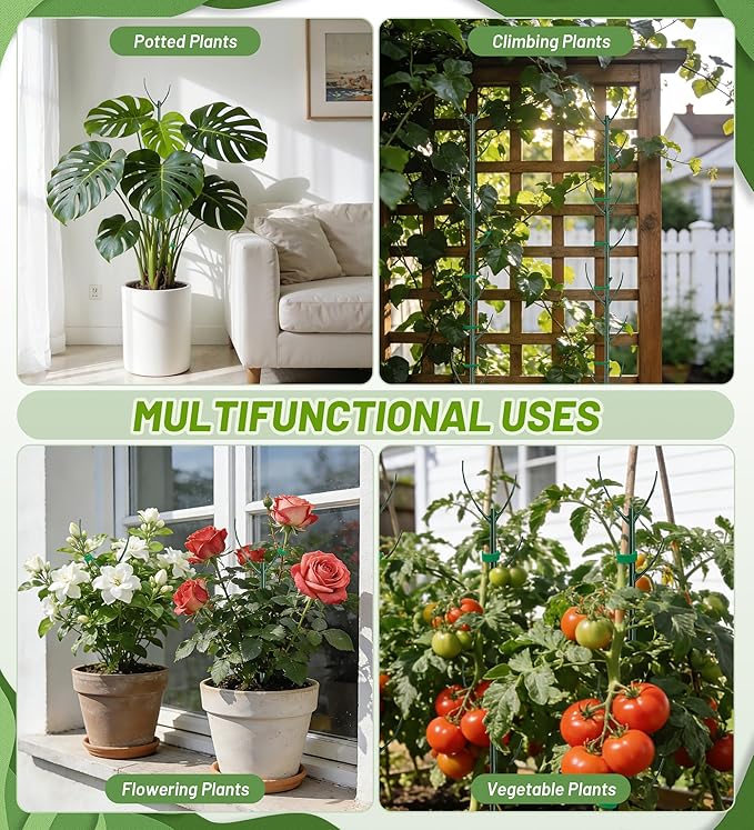 Plant Support Stakes, 12 Pcs Stackable Plant Support Poles with 20 Clips, 2 Roll Tie for Indoor Outdoor Monstera Climbing Plants, Green
