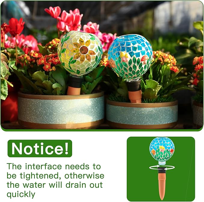 SAVENNA Mosaic Plant Watering Globes with Terracotta Spikes, 17oz Glass Self Watering Globes for Indoor & Outdoor Potted Plants, Decorative Water Drippers, Set of 2,Sunflower & Mushroom Pattern