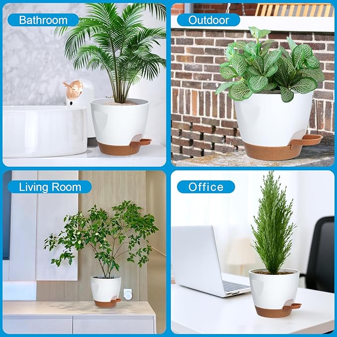 5-Pack Plant Pots with Drainage 7/6.5/6/5.5/5 Inch, Self Watering Pots for Indoor Plants, Planters for Indoor Outdoor Plants, Plastic Flower Pot, Planter for Indoor Outdoor (White)
