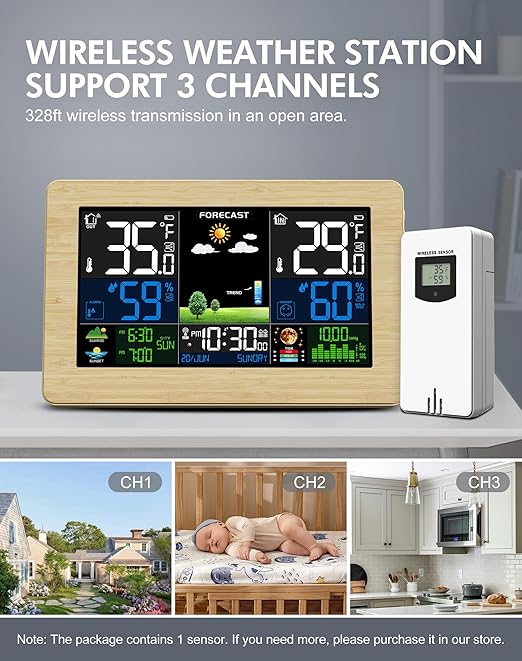 Weather Station Wireless Indoor Outdoor, Digital Thermometer with Remote Sensor, Large Display Home Weather Stations with Weather Forecast, Atomic Clock, Barometric Pressure, Moon Phase