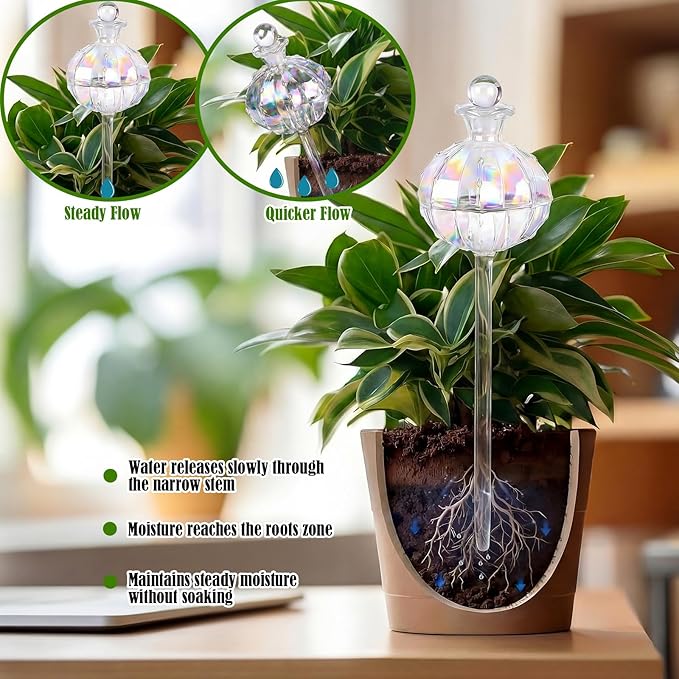 Thenshop 4 Pack 10 oz Large Plant Self Watering Globes Top Fill Glass Cactus Bulbs Iridescent Vacation Plant Slow Release Watering Devices for Indoor Outdoor Planting Lover Gifts