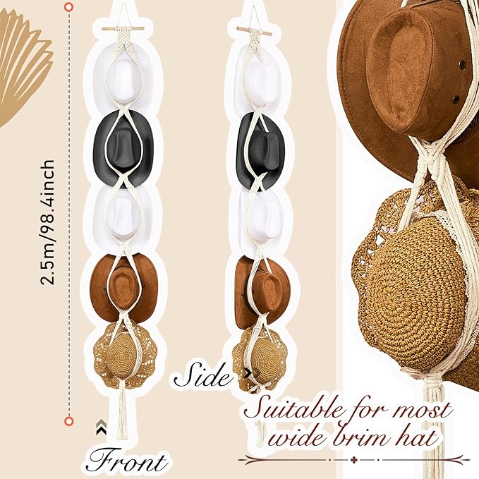 Yulejo Macrame Hat Hangers Boho Hat Rack Cowboy Hat Hanger Back of Door Hat Organizer (White,Five Hats Style)