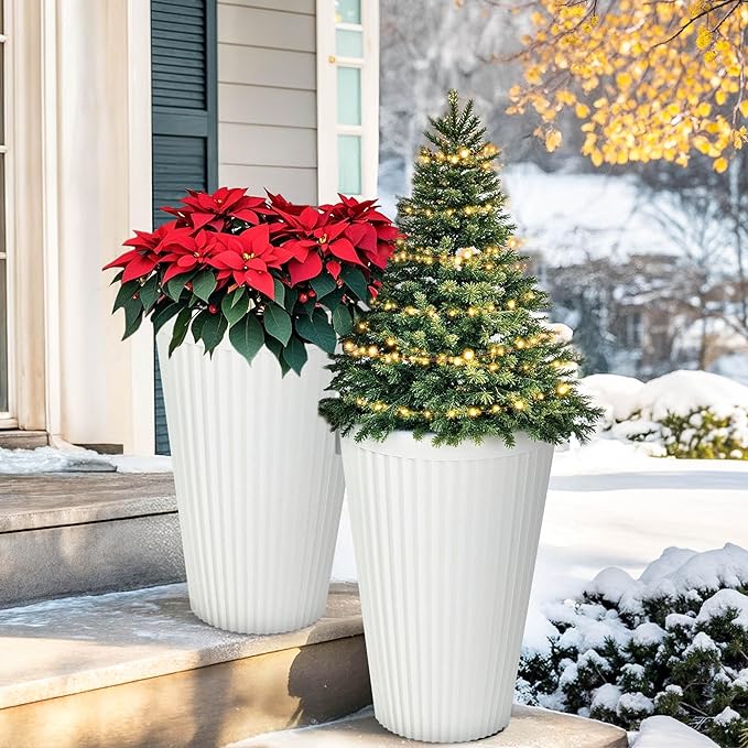 Autodaya 20" Tall Planters Set of 2, High-Density Resin Fluted Outdoor Pots for Plants, Versatile Indoor/Outdoor Flower Pots w/Drainage Holes for Patio, Garden, Porch & Living Room Decor, Ideal Gift