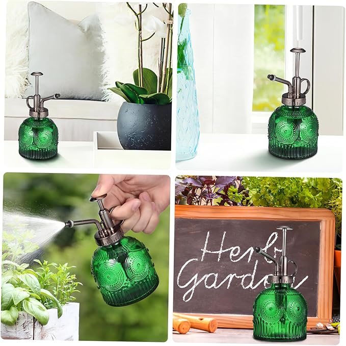 Baluue Embossed Glass Plant Mister Spray Bottle with Thick Non Slip Glass for Indoor Watering and Cleaning Elegant Green and Antique Design Water Sprayer