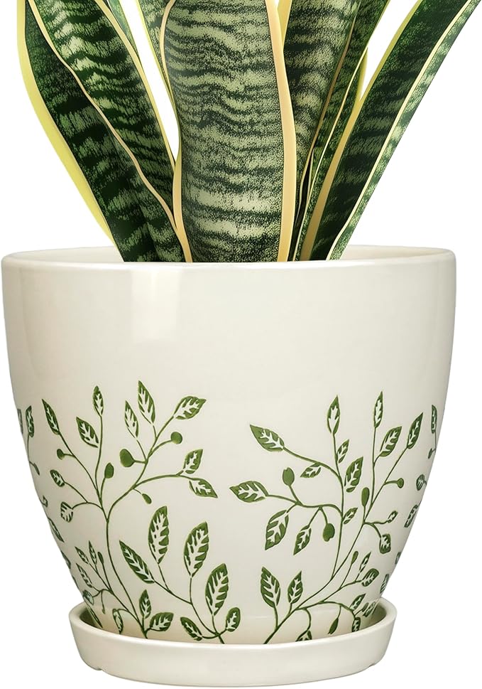 MPotTo Ceramic Planter for Indoor Plants - 8.2 Inch Plant Pot with Drainage Hole and Saucer, Boho Round Planter for Indoor Outdoor Flowers, Plant Lover Gifts, Home Garden House Decor, White