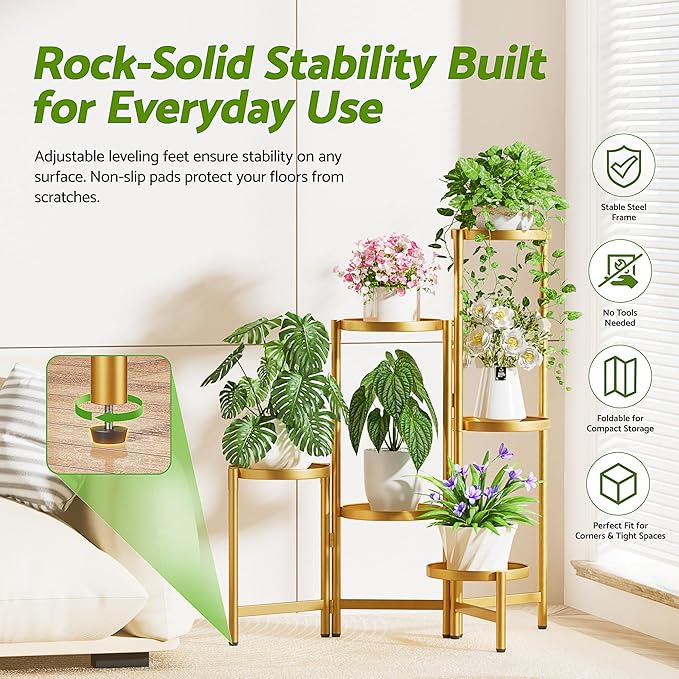 6 Tiered Plant Stand Indoor for Multiple Large Planter, Tall Heavy Duty Adjustable Folding Rack with Rustproof 7.9 Inch Wide Tray, Plant Shelf for Corner Living Room - GoldDisk