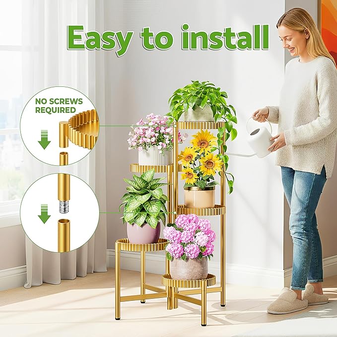 5 Tier Large Plant Stand Indoor, 7.9 Inch Wide Tall Corner Metal Plant Stands Outdoor for Multiple Plants, Foldable Tiered Flower Display Holder Rack Shelf for Patio Porch Balcony -GoldFloroma