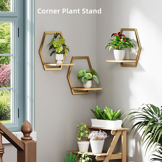3 Pack Natural Wood & 25 LB Load Metal Wall Plant Holders, 9 inch Solid Wooden Shelf, Mid Century Hanging Planter for Indoor Plants Golden
