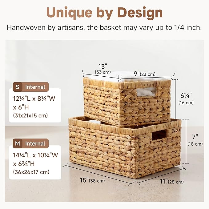 StorageWorks Wicker Storage Baskets, Handwoven Water Hyacinth Basket for Organizing, Decorative Organizers with Built-in Handles, Set of 2