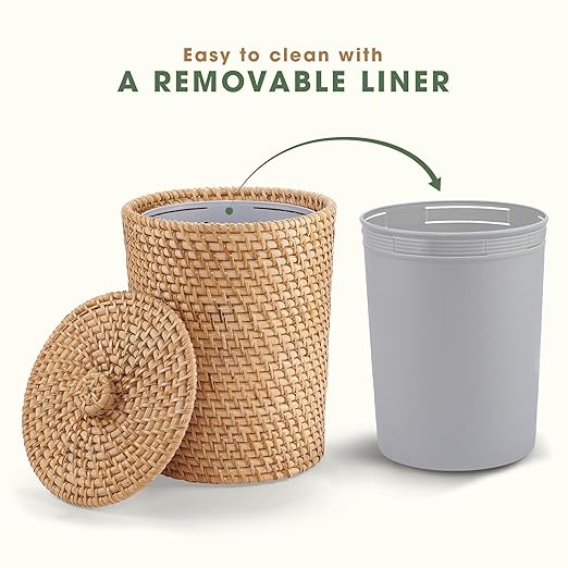 84ECO Wicker Trash Can with Liner and Lid - Rattan Trash Can - Wicker Waste Basket for Bathroom, Bedroom, Office - Rattan Waste Basket