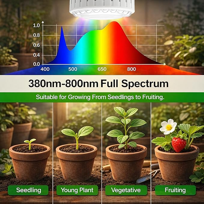 Juhefa LED Grow Light Bulb E26, Full Spectrum 5000K Plant Light Bulb for Indoor Plants Growing, 12W (Equivalent to 80W), High Output for Faster Growth, 4 Pack