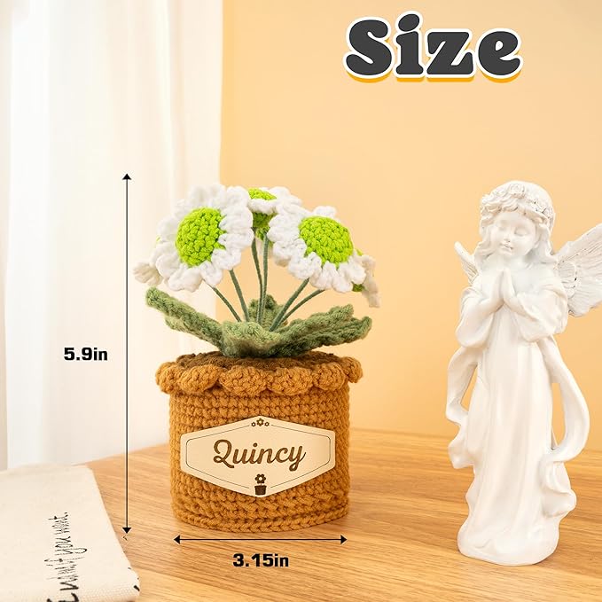 Crochet Flowers with Personalized Leather Name Tag Handmade Knitted Flowers for Home Office Desk Decor Crochet Daisy Potted Plant Crochet Gift for Women,Mom,Teacher, Friend, Birthday(White)