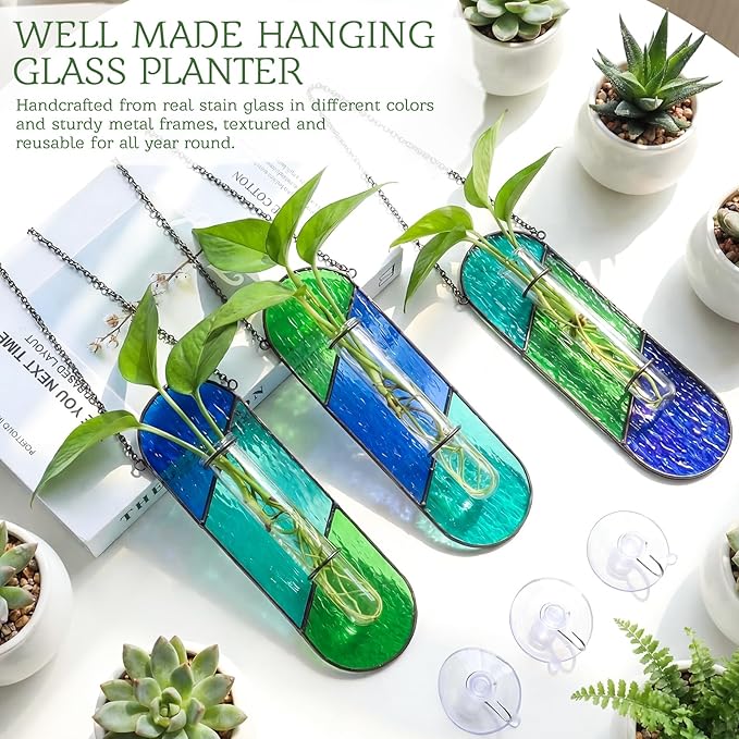 Hushee 3 Pcs Stained Glass Plant Propagation Station Hanging Window Propagation Station Planters with Glass Tubes Hydroponic Planter Terrarium Holder Window Decor for Indoor Home Garden Decor