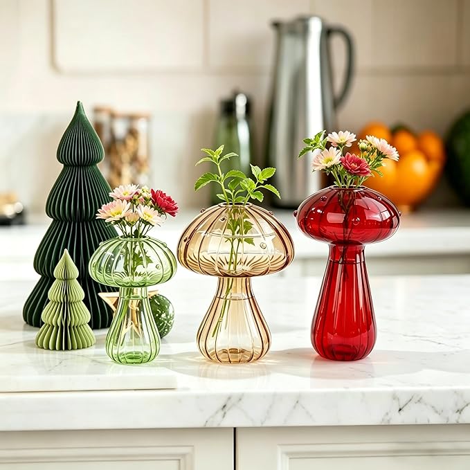 Mushroom Glass Propagation Station for Plants: Set of 5 Colored Vases Terrarium Kit for Home Office Indoor Hydroponics Decor - Birthday Gifts for Women Mom Grandma