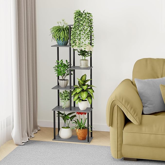 Plant Stand Indoor, 6-Tier Tall Plant Shelf Multiple Metal Wood Flower Pot Holder for Living Room Office Balcony Patio, Oak Grey