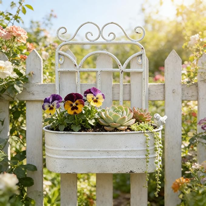 Rustic Metal Wall Planter Vintage Wall Mounted Flower Pot Distressed Wall Hanging Plant Basket Farmhouse Wall Decor for Indoor Outdoor Garden Home Yard (White)