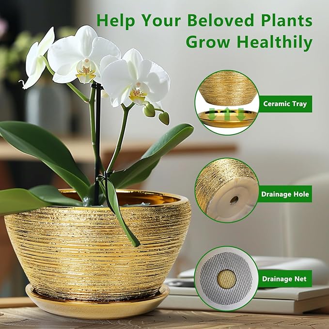 Ceramicfor Ceramic Planter 13 Inch - Indoor Plant Pot with Drainage Hole and Saucer Large Ceramic Pot for Plants Mid-Century Decorative Modern Outdoor Flower Pot for Home Decor Gold