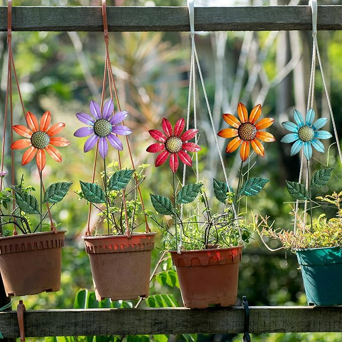 HUTHDAK Metal Flowers for Outside,5 Pack 16.15" Decorative Garden Stakes with Swaying Flowers Head Yard Art,Spring Garden Decor for Lawn, Pathway & Yard