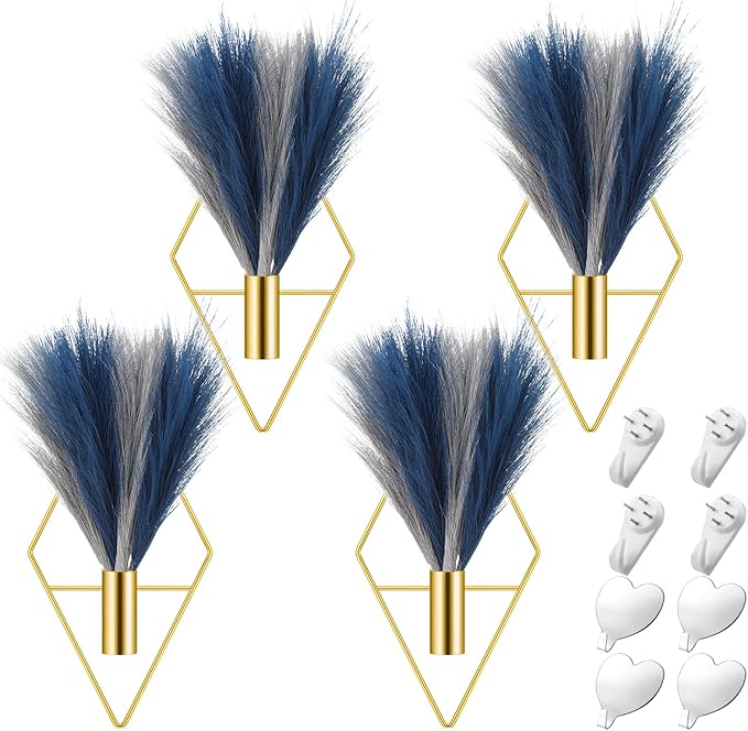 Hanaive 4 Sets Boho Gold Wall Decor Metal Wall Art Hanging Planters with Artificial Pampas Display Art Modern Home Metal Vase for Bedroom Living Room Home Office(Gold, Blue, Light Gray)