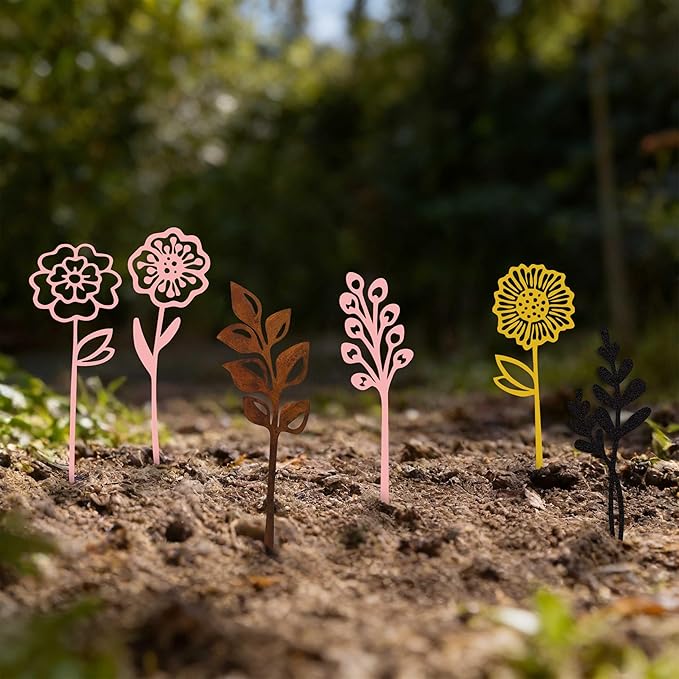 Pink Metal Flowers Set of 6, Decorative Garden Outdoor Plant Stakes for Yard Art, Metal Garden Art Flower Bed Decor, Pink Flower Yard Sculptures for Pots Vase Garden Lawn and Patio