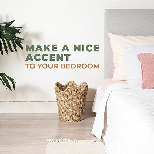 84ECO 2-Pack Scalloped Seagrass Waste Baskets for Bathroom, Bedroom, Office - Scalloped Decor