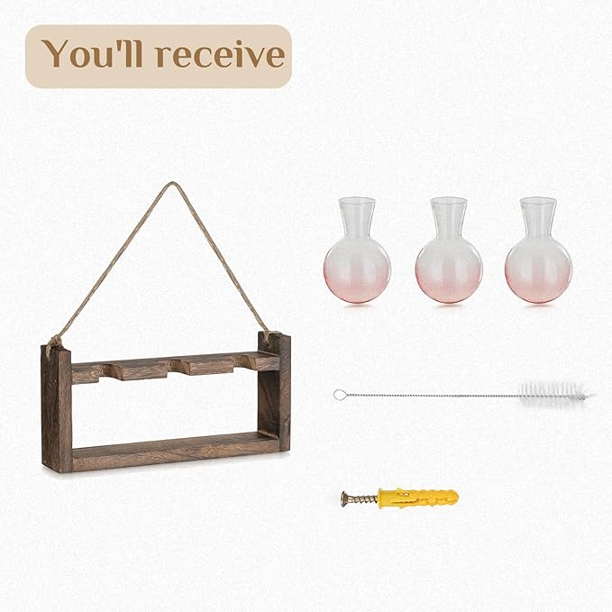 Plant Propagation Station with Wood Stand - Wall Glass Terrarium for Cuttings Air Plants Small Flower Pothos - Gift for Women Plant Lovers (Gradient Pink)