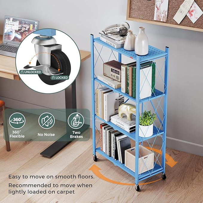 DEANIC 4 Tier Foldable Storage Shelves with Wheels, Large Capacity Shelving Unit, Freestanding Metal Wire Shelf Rack, No Assembly Organizer Rack for Garage Kitchen, Basement(Blue)