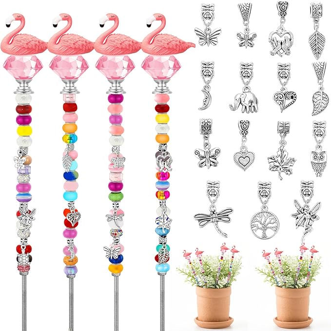 Lineshading 95 Pcs Beaded Garden Stakes Kit Flamingo Decorative DIY Fairy Wand Garden Stake Beads Kits for Plant Stakes Toppers Jeweled Ornament DIY Craft Supplies
