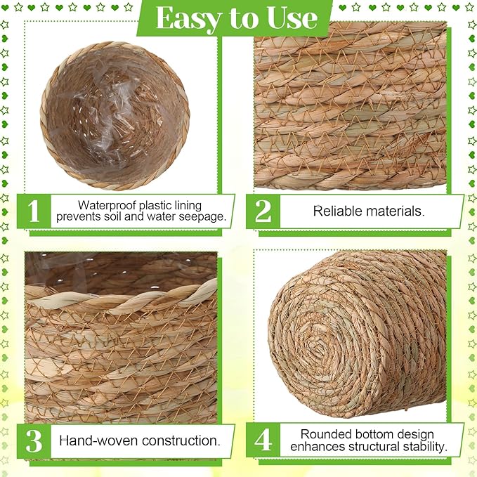 4 Pcs Straw Plant Baskets Indoor Rattan Woven Flower Baskets with Plastic Liner, Cattail Plant Planter for Indoor Outdoor Rustic Boho Home Farmhouse Floor Potted Pots Decor