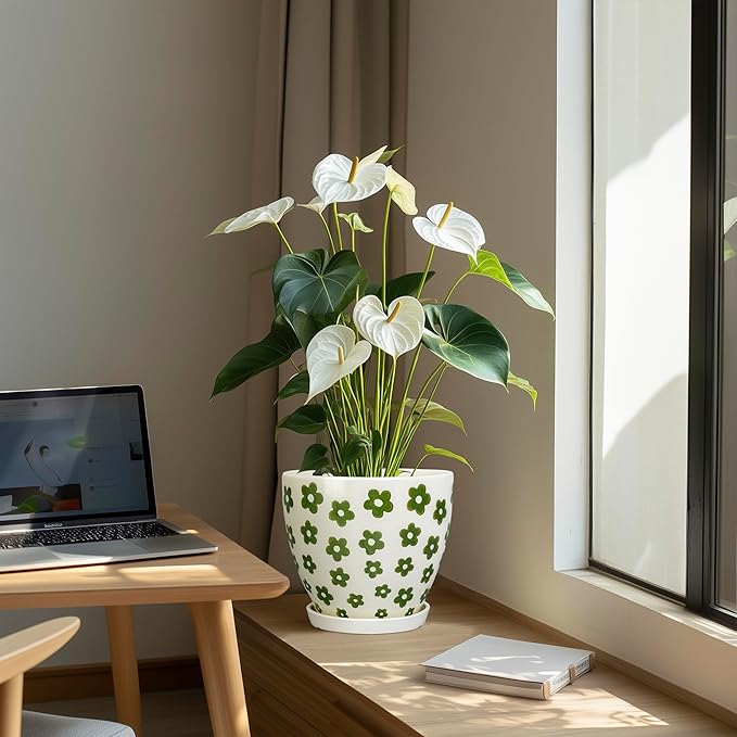 MPotTo 8.2 Inch Plant Pot - Ceramic Flower Pot Indoor with Drainage Hole and Saucer, Boho Round Decorative Planter for Indoor Plants, Housewarming Gifts, Office Garden Home Room Decor, White