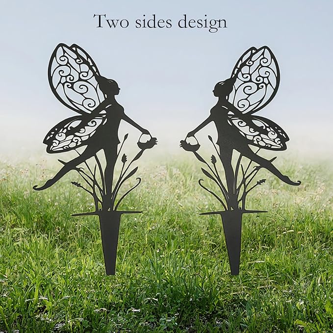 Decorative Garden Stakes， Fairy Garden Stakes, Butterfly Fairy Stakes for Weather Resistant Black Metal Outdoor Decorative Art for Women Gift (Matte Black, 6P-A)