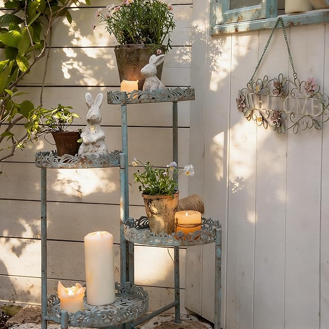 4 Tier Vintage Corner Plant Stand for Indoor Outdoor Distressed Metal Flower Pot Holder Shelves with Ornate Cutout Edges Multi-Level Planter Rack Display Corner Shelf Antique Foldable Tall Plant Shelf for Patio Porch Garden Balcony Living Room (Blue)