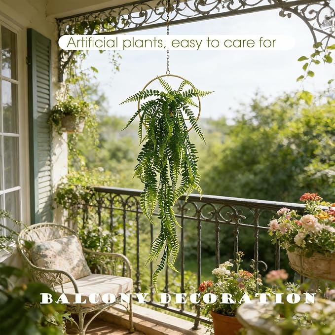 GREENTIME 2 Pack Fake Plants Hanging Artificial Ivy Vine with Gold Round Metal Hanging Vase Faux Hanging Boston Fern for Teacher Appreciation Living Room Bedroom Boho Kitche Wall Shelf Outdoor