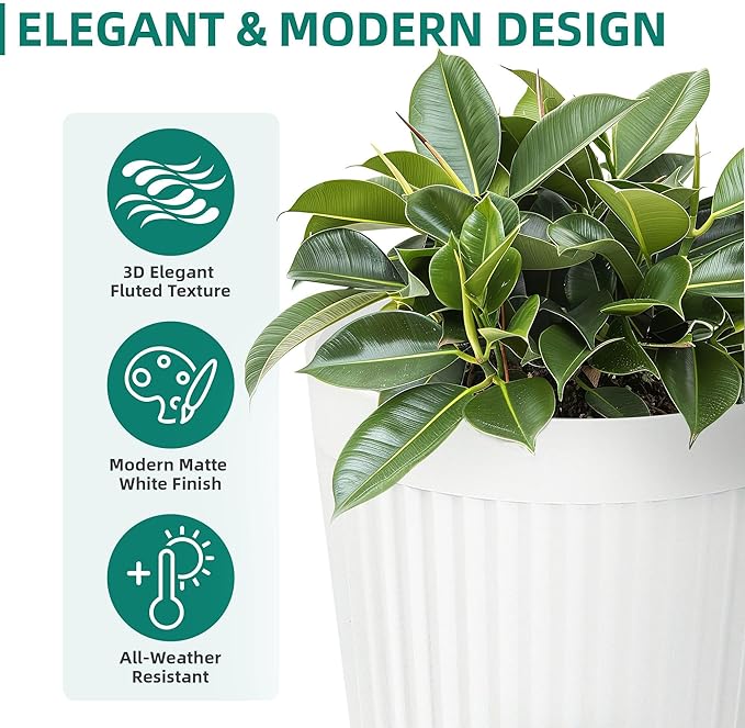 Autodaya 20" Tall Planters Set of 2, High-Density Resin Fluted Outdoor Pots for Plants, Versatile Indoor/Outdoor Flower Pots w/Drainage Holes for Patio, Garden, Porch & Living Room Decor, Ideal Gift