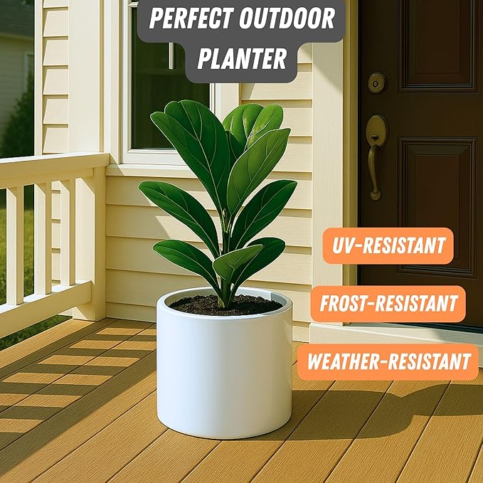 Fox & Fern 8 Inch Plant Pot with Drainage Plug — Premium Lightweight Fiberstone Glossy White Planter - Indoor & Outdoor Planter - 8 Inch Pots for Plants - Weather Resistant & UV Resistant