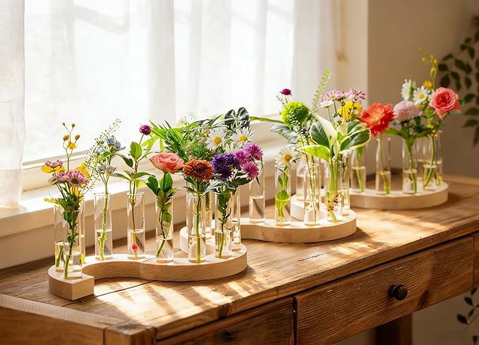 Melphoe Glass Bud Vases Small Flower Vase for Centerpieces Wedding Table Decorations, Home Decor, Propagation Station Plant Terrarium with Wooden Stand, Unique Plant Lover Gifts for Women (Beige)