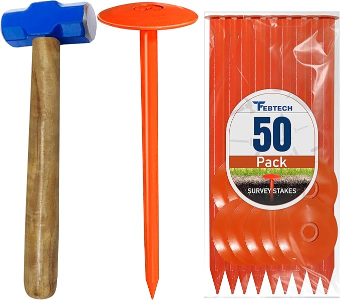 FEBTECH - Septic Tank Marker - 2.7" x 10" - Suitable Property line Markers for Protecting Your Septic Tank and Property Boundary with Solid and Sturdy Survey Stakes - Pack of 50 Pcs + 1 Hammer