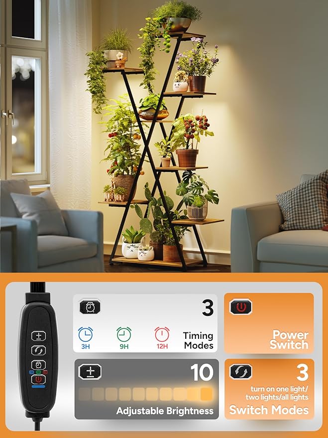 Lighted Plant Stand with Grow Lights – Tall Large Tiered Metal Corner Shelf Rack for Multiple Indoor Living Room Flower