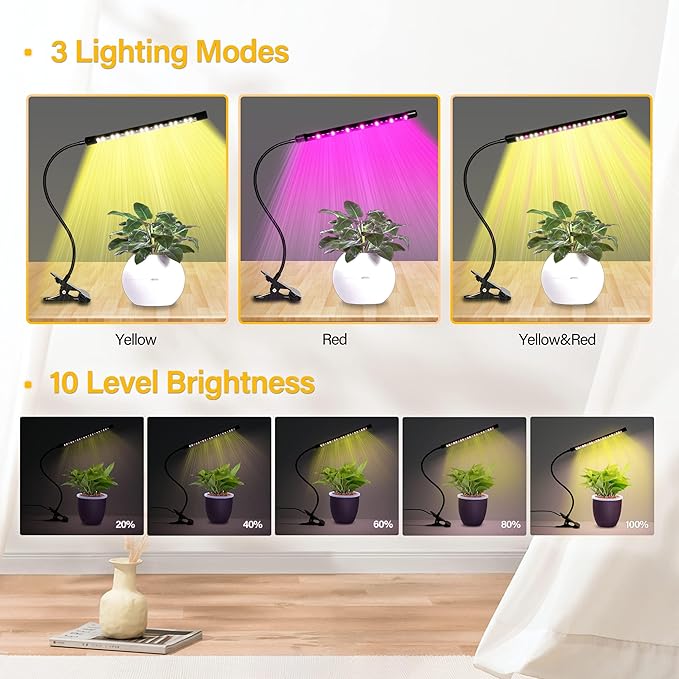 iPower Full Spectrum LED Grow Light for Indoor Plant, Clip Growing Lamp with 3 Light Modes&10 Dimmable Levels, Auto On Off Timing 6 9 12Hrs, White+Yellow