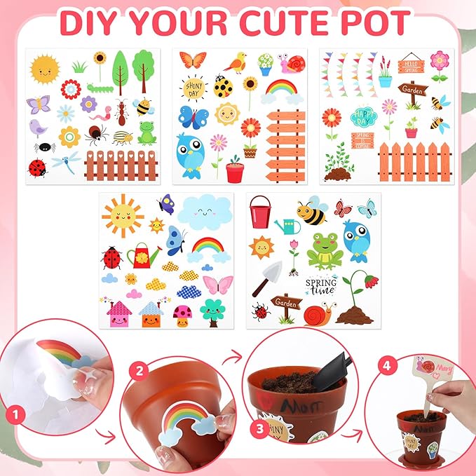 SiliFine 24 Sets Spring Kids Plant Growing Kit Flower Pots Cupcake Plant Nursery Pots Gardening Kit for Kids with Paint and Stickers Labels Name Tag for Easter Mothers Day Craft Bulk Classroom
