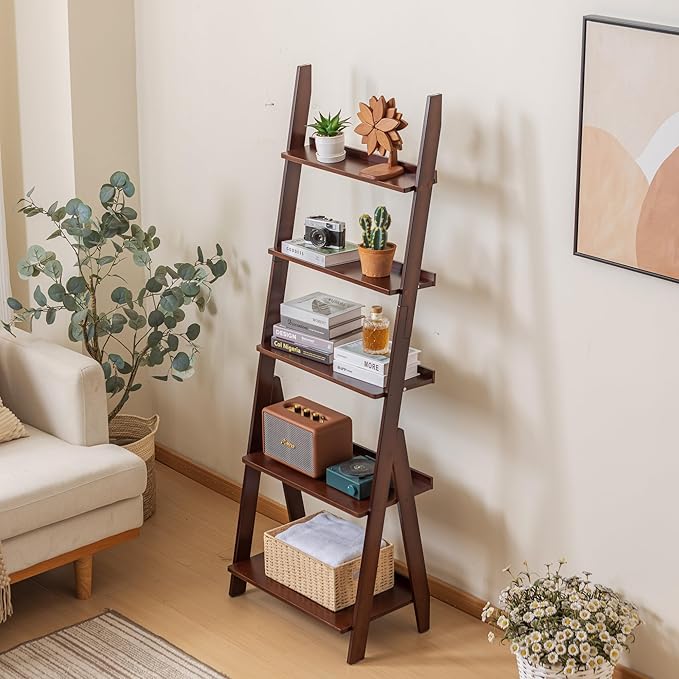 Maydear Bamboo Ladder Shelf Bookcase, 5-Tier Leaning Bookshelf Free Standing Organizer Storage Shelves for Living Room, Bedroom, Kitchen, Home Office, Balcony, Dark Walnut