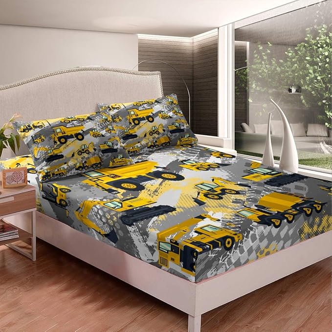 Kids Cartoon Car Bed Sheet Set Queen Size Boys Construction Vehicles Bedding Set for Teens Children Cartoon Machinery Truck Bed Sheets Set Construction Site Cars Bed Cover 4Pcs, Super Soft,Breathable