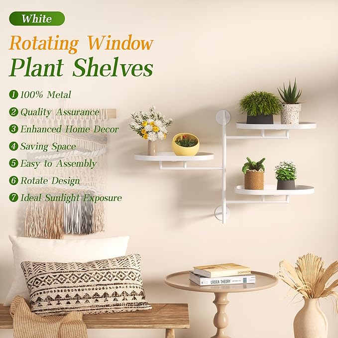YQSLYSF Window Rotating Plant Stand Shelf Indoor White Metal Floating Shelves 3-Tier Wall Mount Plant hanger Holders for Wall Planter Modern Home Decor window sill gifts