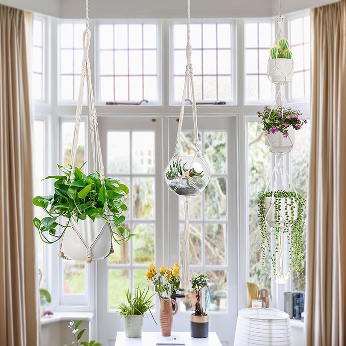EWPJDK 3 PCS Macrame Plant Hanger Indoor Hanging Planter Basket with Wood Beads Plants Holder Decorative Flower Pot Holder (POTS NOT Included) (Ivory White)