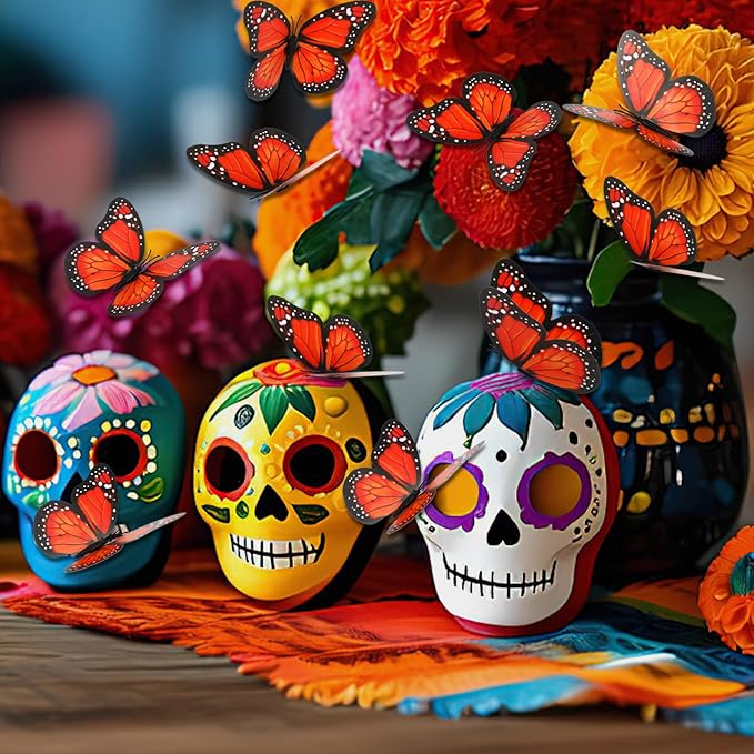 Augshy 75pcs 3D Monarch Butterfly Stakes Artificial Garden Monarch Butterfly Decorations for Day of The Dead Dia De Los Muertos Decor Halloween Party Supplies (3 Size)