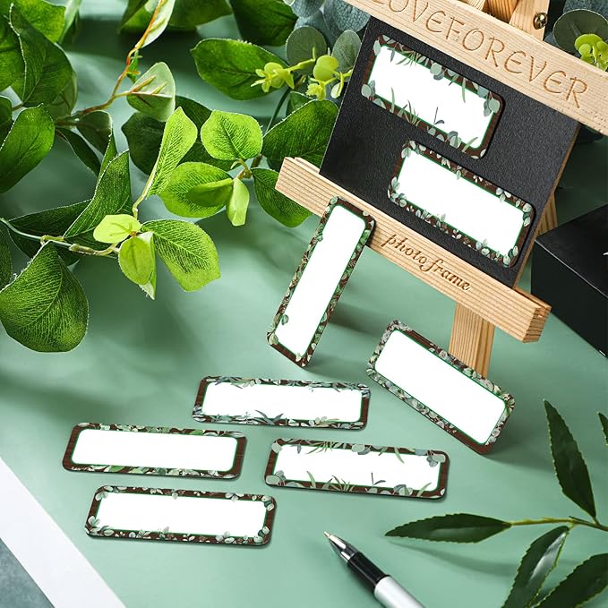 Kanayu 48 Pcs Eucalyptus Magnetic Dry Erase Labels Reusable Name Tag Plate Flexible Magnetic Label Sticker Blank Writable Card for Whiteboard Classroom Home Office Fridge(Stylish,1.18 x 3.15 Inch)