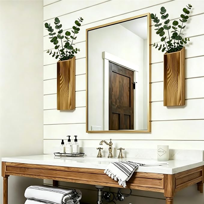 2 Pack Brown Wood Hanging Wall Planter Vases - Farmhouse Boho Wall Pockets for Faux Greenery, Dried Flowers, Eucalyptus Stems, Modern Indoor Wall Decor for Living Room Bedroom Office